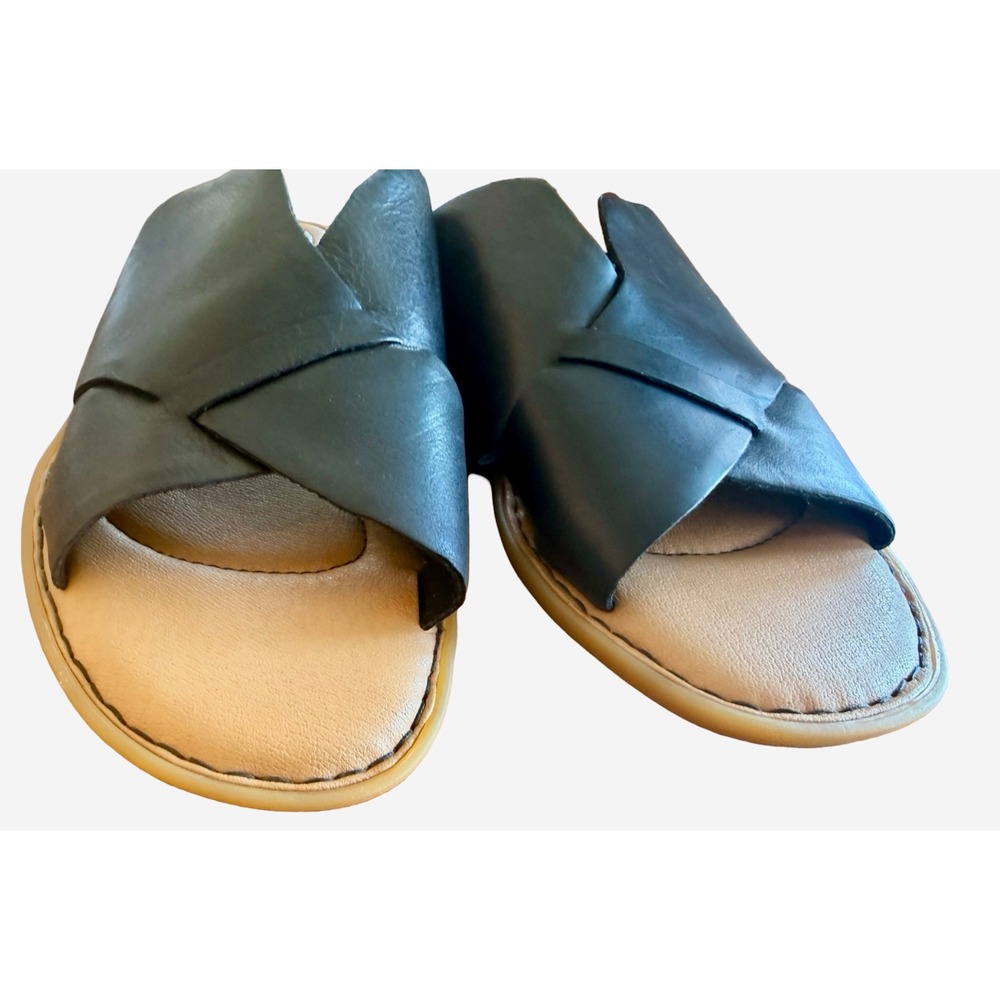 Born Black Leather Criss Cross Slide Sandals Womens 7M Comfort Slip On Flats